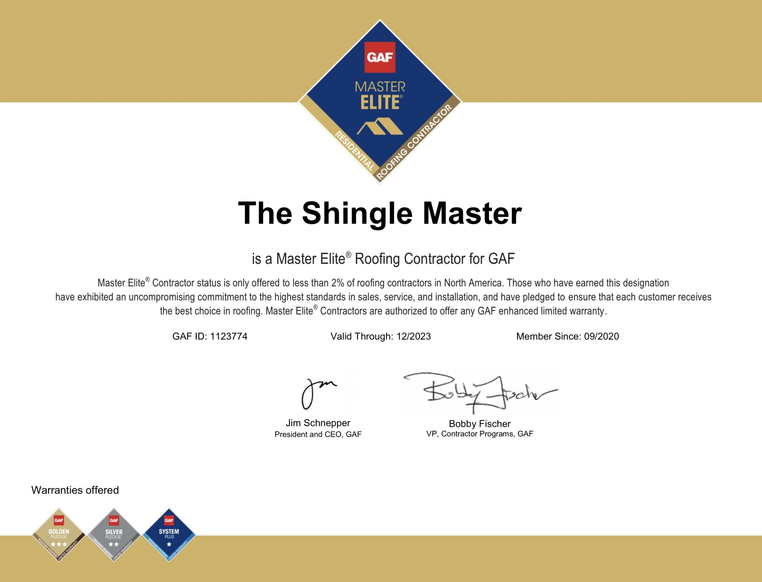 GAF Master Elite Contractor